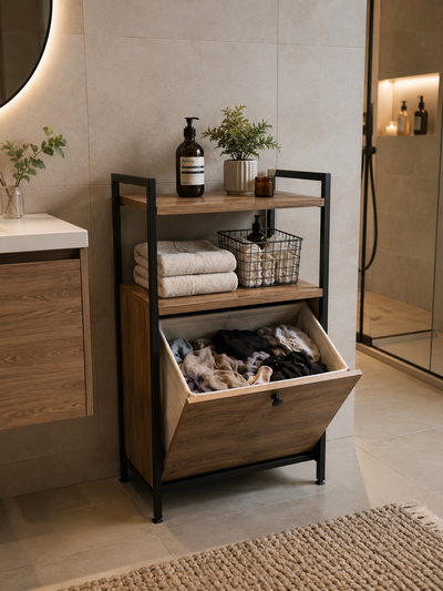 ahşap raflı yıkanabilir çamaşır sepeti banyo dekorasyonu