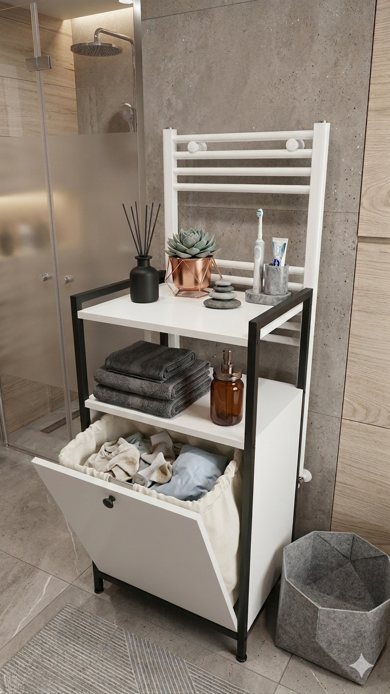 beyaz raflı yıkanabilir çamaşır sepeti banyo dekorasyonu