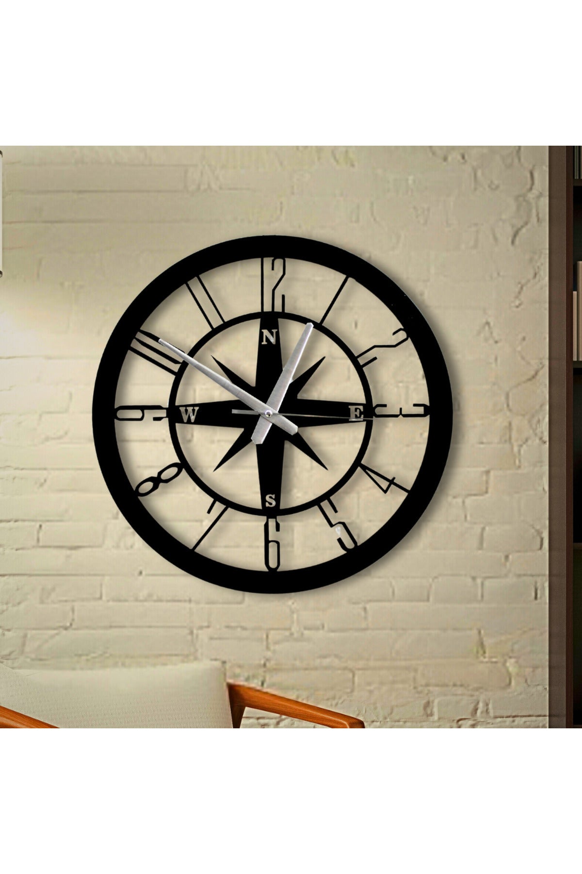 Modern Pusula Tasarımlı Metal Duvar Saati - 40 cm Siyah Yuvarlak Saat