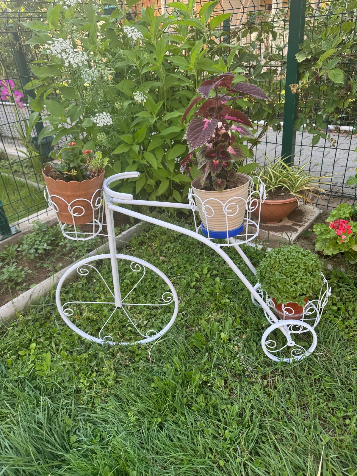 Dekoratif Metal Bisiklet Şeklinde Saksılık - Beyaz | 3'lü Çiçeklik Standı