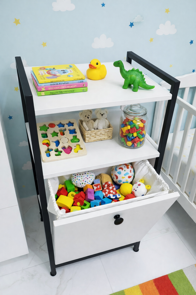 beyaz raflı çamaşır sepeti organizeri ölçü detayı
