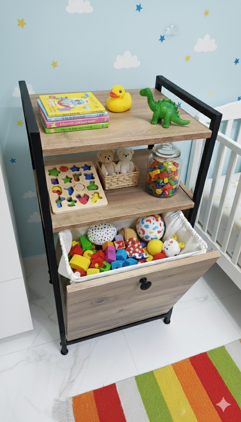 ahşap raflı çamaşır sepeti organizeri genel görünüm