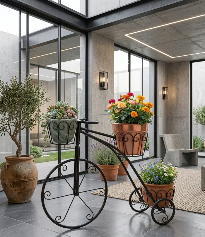 siyah metal bisiklet saksılık modern teras dekorasyonu
