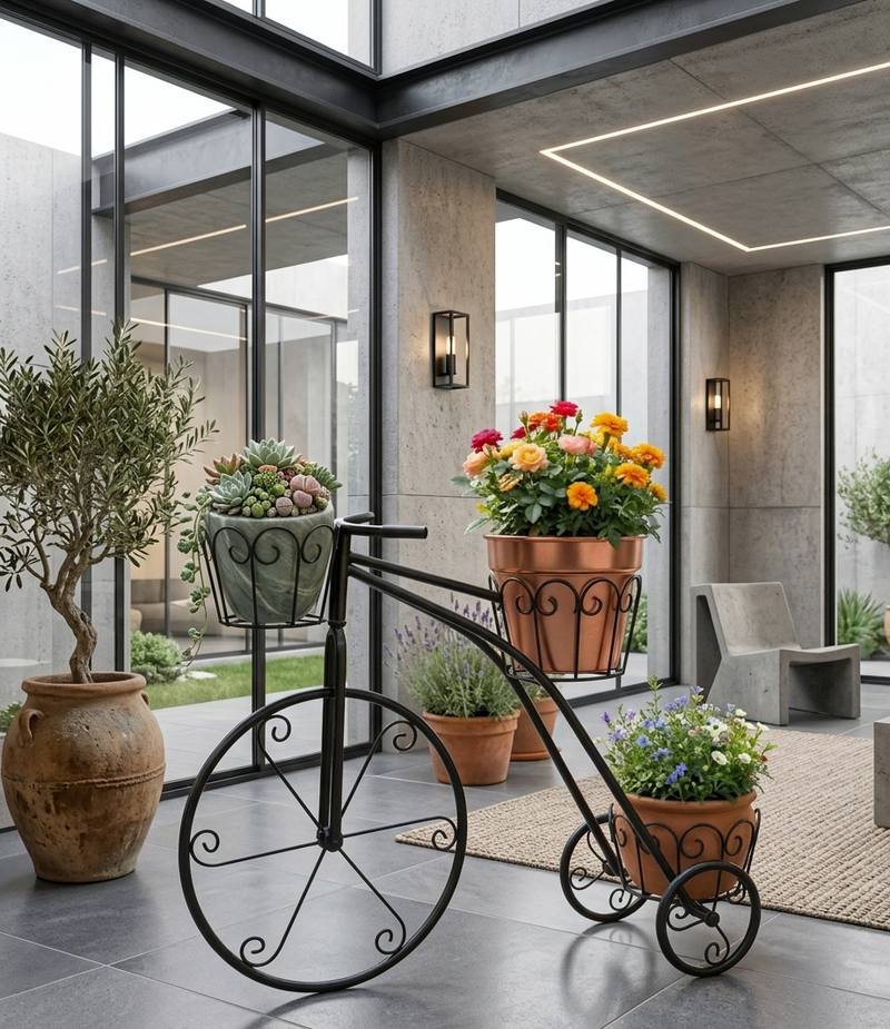 siyah metal bisiklet saksılık modern teras dekorasyonu