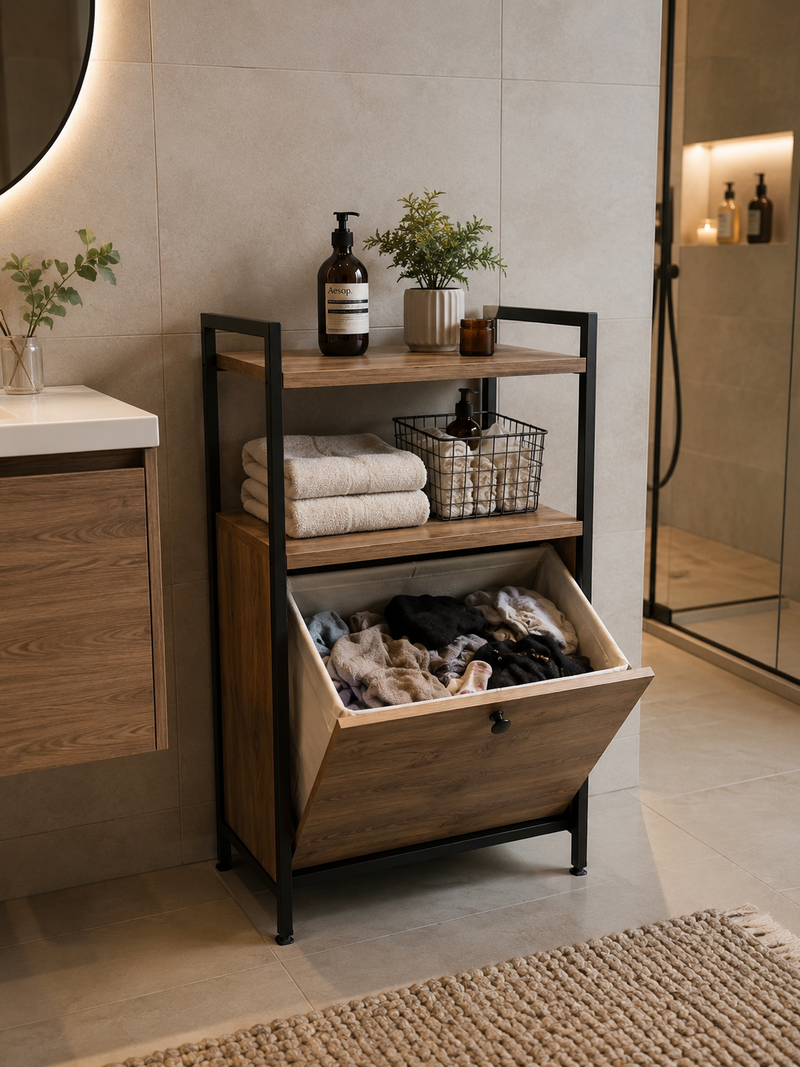 ahşap raflı yıkanabilir çamaşır sepeti banyo dekorasyonu
